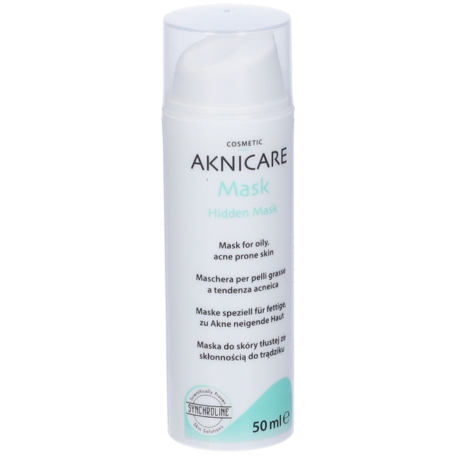 Aknicare Mask Hidden Mask, flacone bianco con coperchio trasparente. Testo: Maschera per pelli grasse a tendenza acneica. 50 ml.