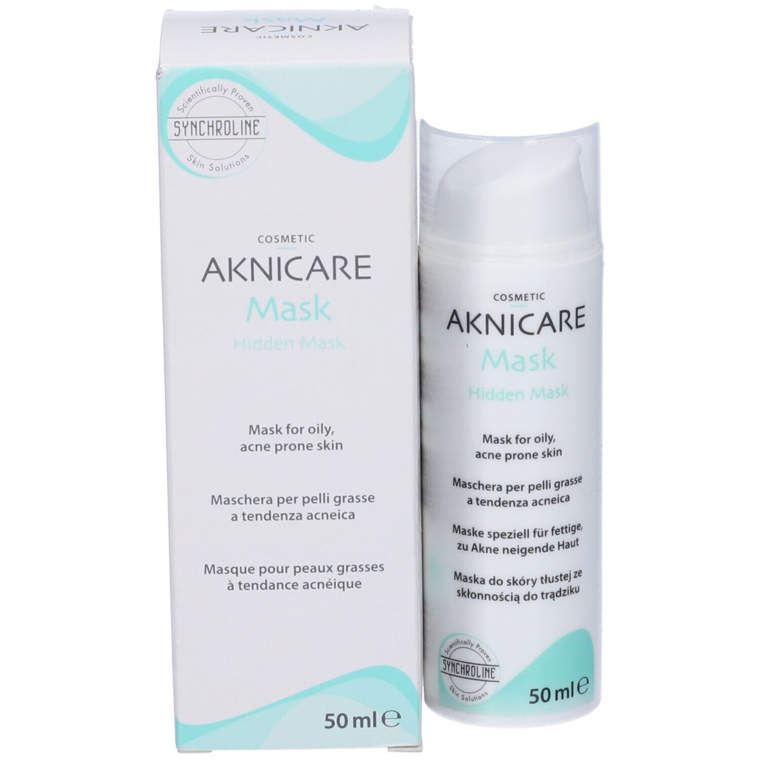 Aknicare Mask Hidden Mask, flacone e confezione. Testo: Maschera per pelli grasse a tendenza acneica. 50 ml.
