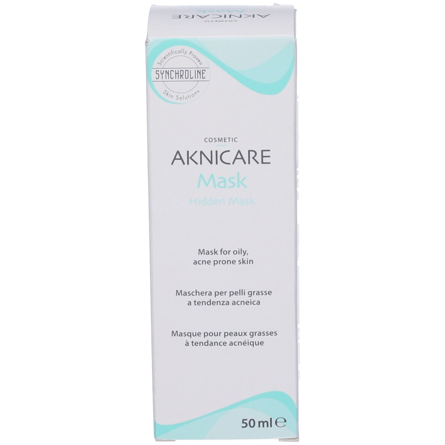 Aknicare Mask Hidden Mask, confezione. Testo: Maschera per pelli grasse a tendenza acneica. 50 ml.