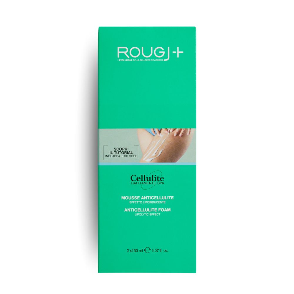 Confezione verde con scritta: Rougj+, Cellulite, Mousse Anticellulite, Anticellulite Foam. Immagine di una donna.