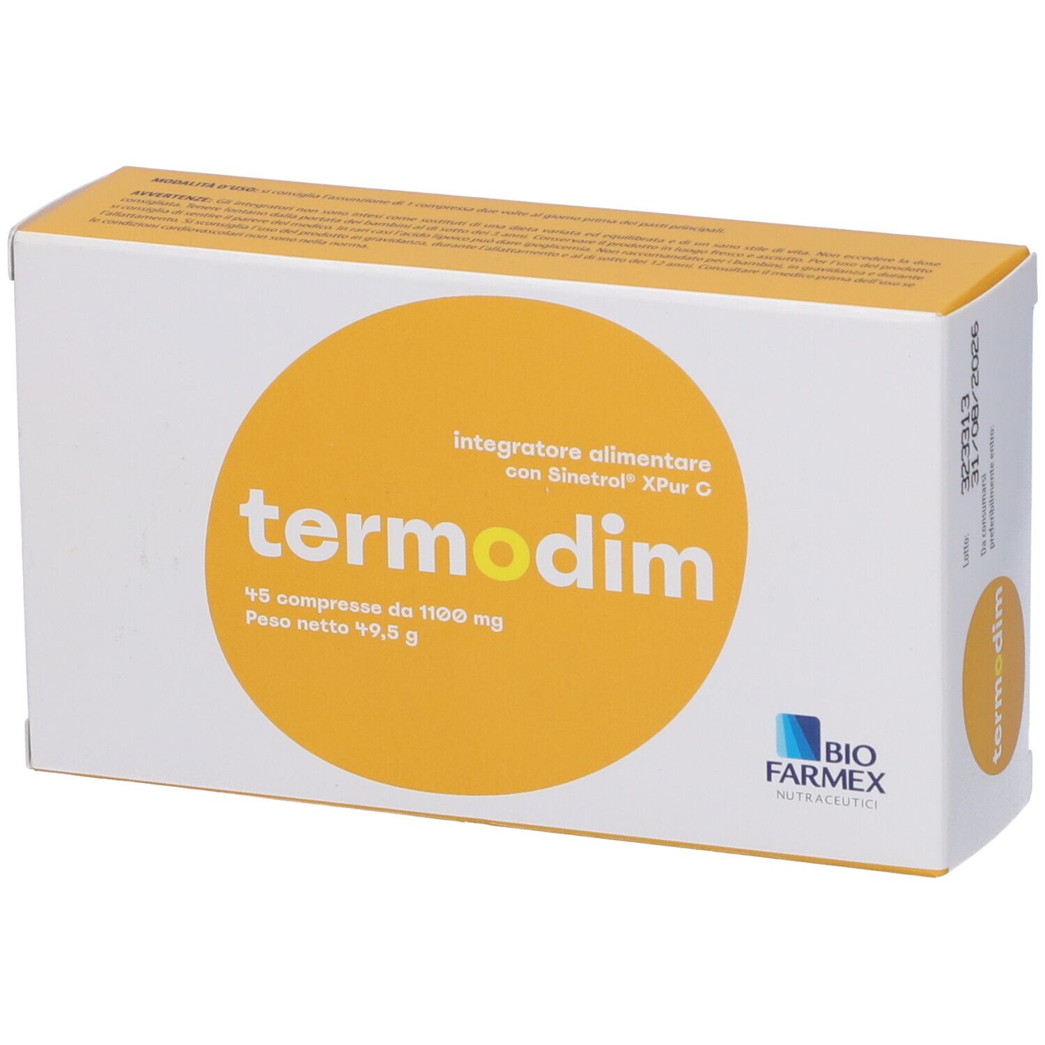 Scatola "termodim". Cerchio giallo con testo. Logo "Bio Farmex". 45 compresse.