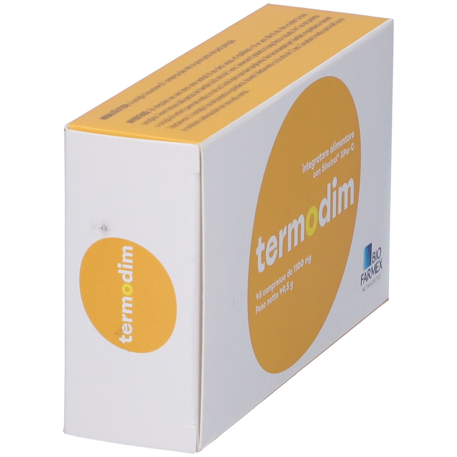 Scatola "termodim". Cerchio giallo con testo. Logo "Bio Farmex". 45 compresse.