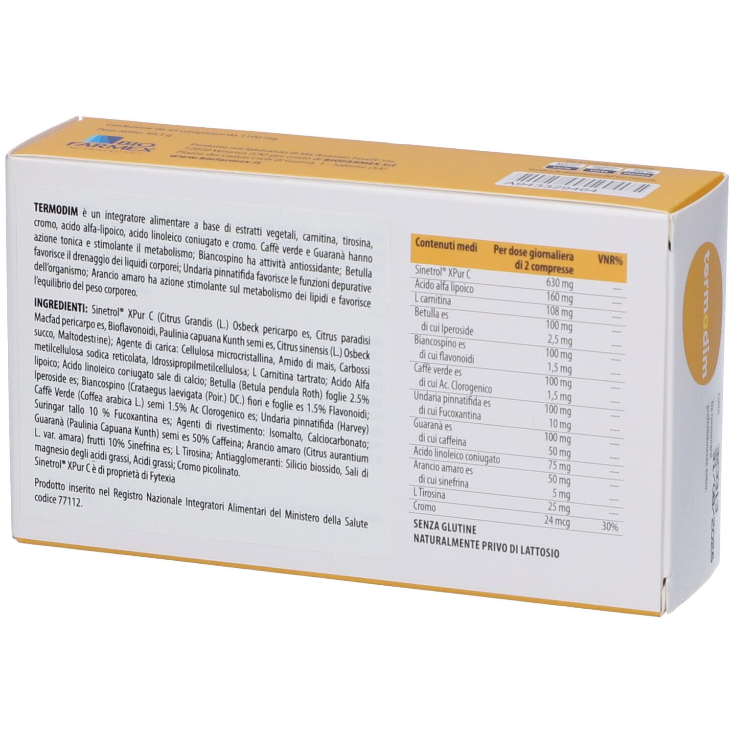 Scatola con testo e ingredienti. Logo "termodim". Logo "Bio Farmex". Senza glutine e lattosio.