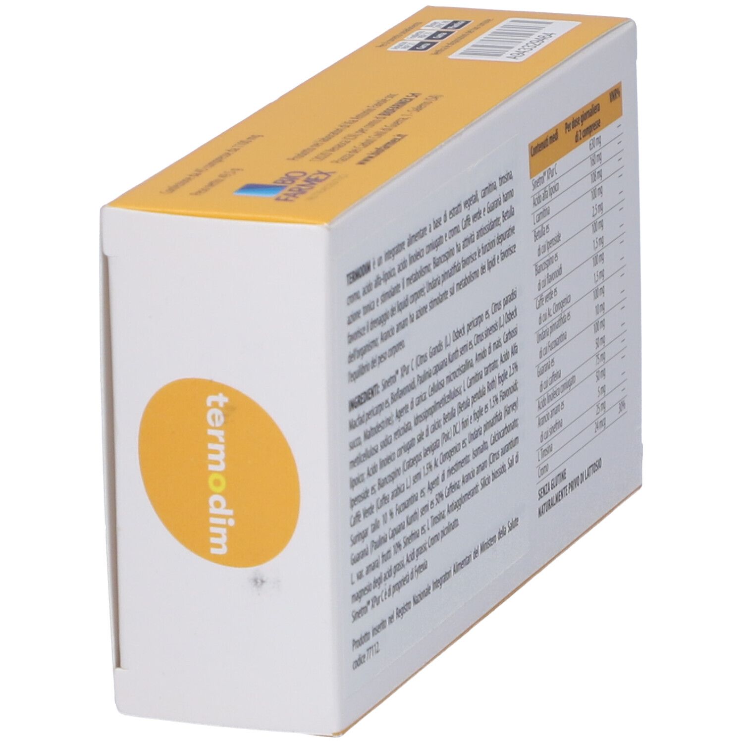 Scatola con testo e ingredienti. Logo "termodim". Logo "Bio Farmex". Senza glutine e lattosio.