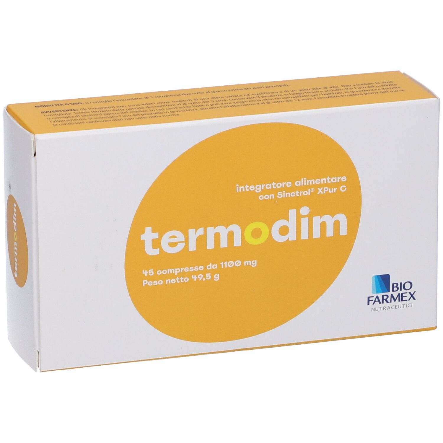Scatola "termodim". Cerchio giallo con testo. Logo "Bio Farmex". 45 compresse.