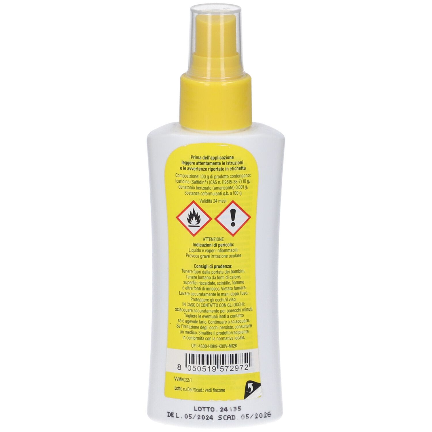 Retro del flacone bianco con erogatore giallo. Etichetta con testo in italiano e simboli di avvertimento.