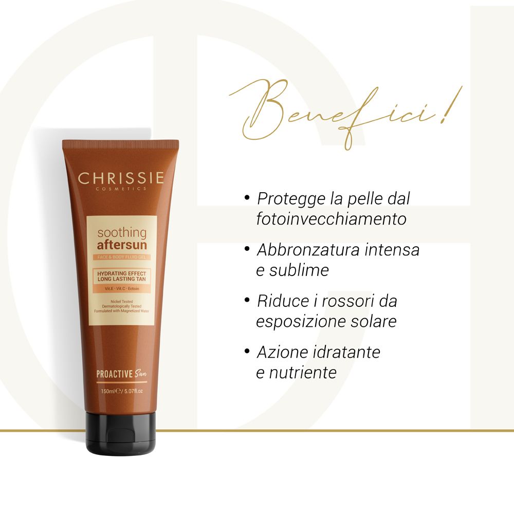 Sfondo bianco con testo. Testo: Benefici, protegge dall'invecchiamento cutaneo, abbronzatura intensa, riduce i rossori, idratante.