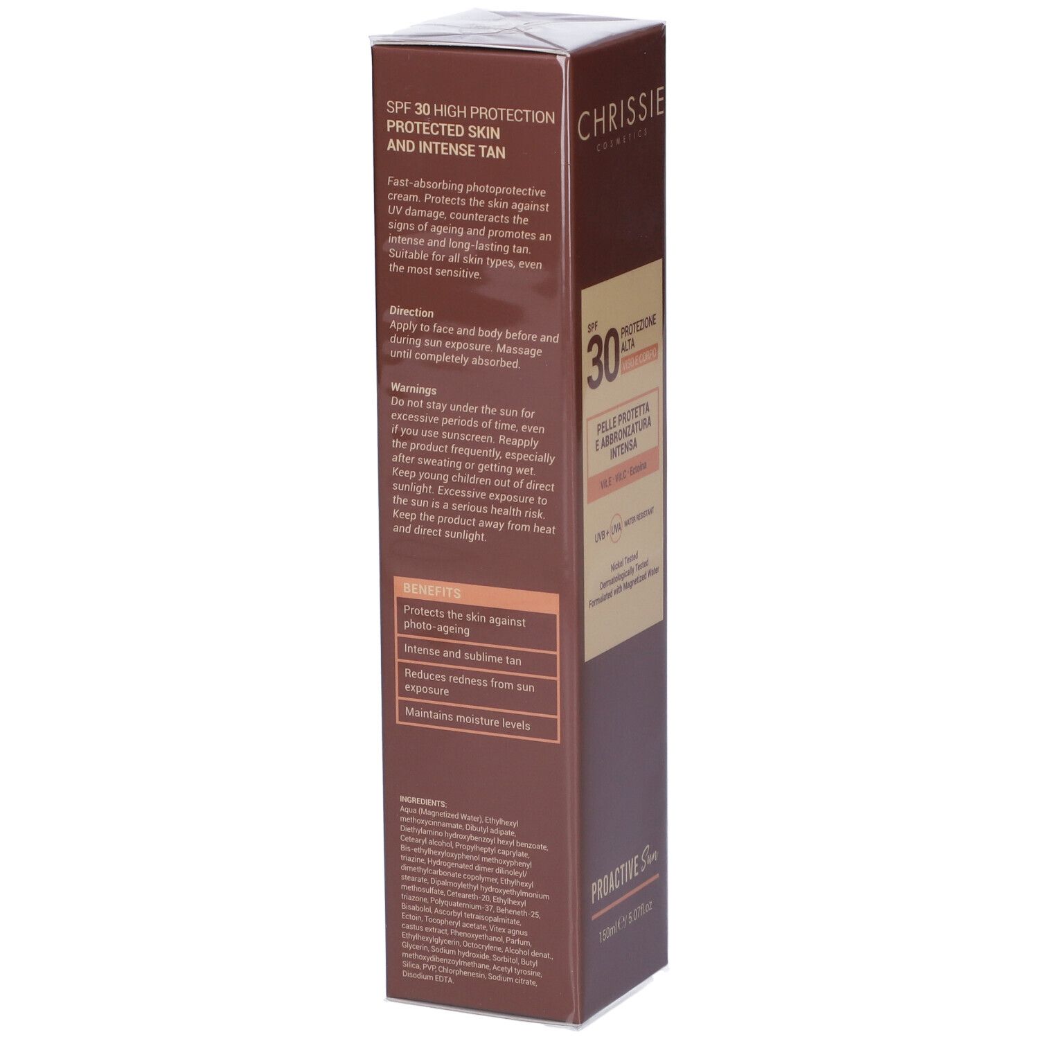 Confezione crema solare. Testo: SPF 30, protezione, abbronzatura intensa. Istruzioni, ingredienti, benefici.
