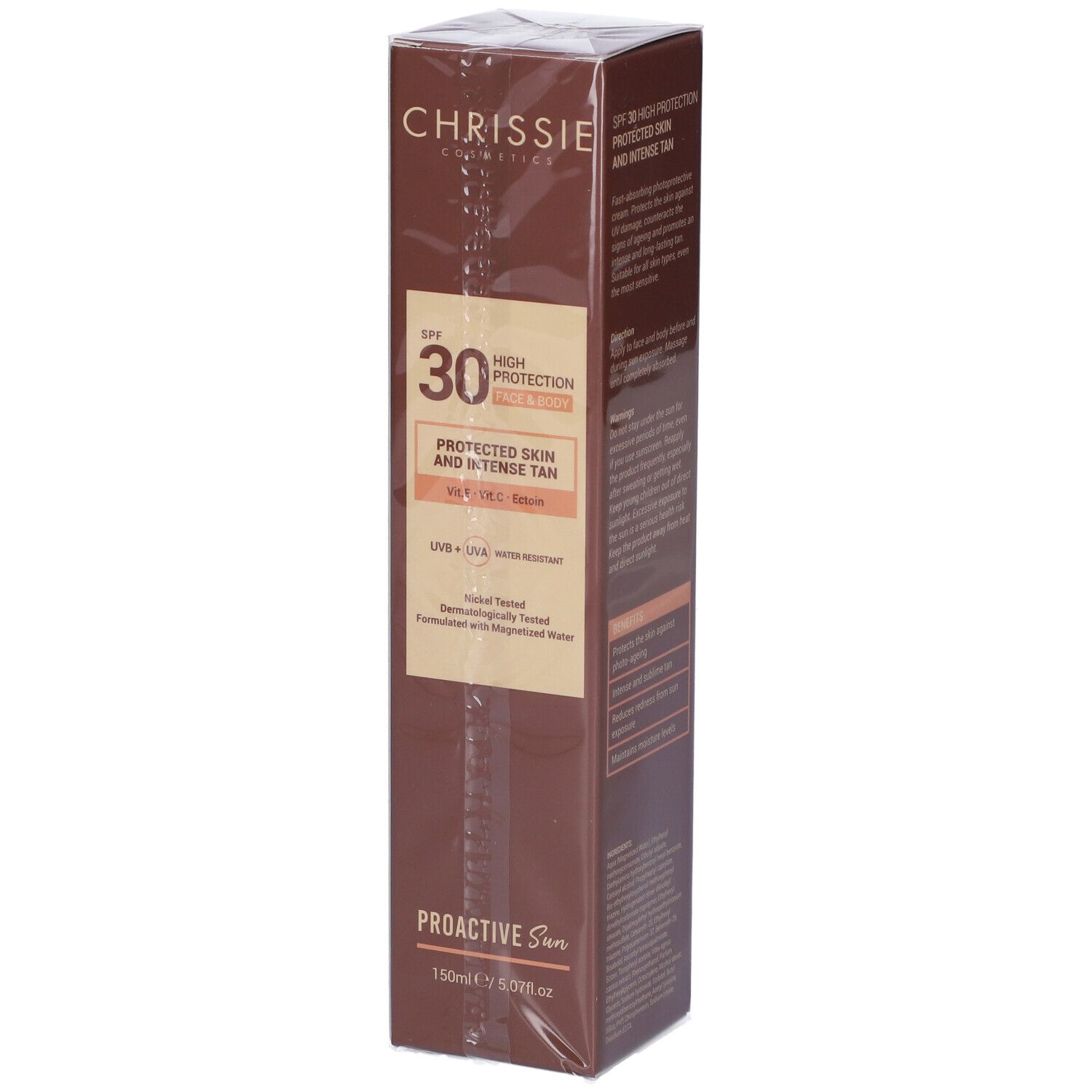 Confezione crema solare. Testo: SPF 30, protezione, abbronzatura intensa. Istruzioni, ingredienti, benefici.