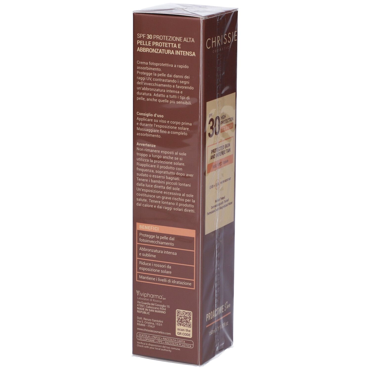 Confezione crema solare. Testo: SPF 30, protezione, abbronzatura intensa. Istruzioni, ingredienti, benefici.