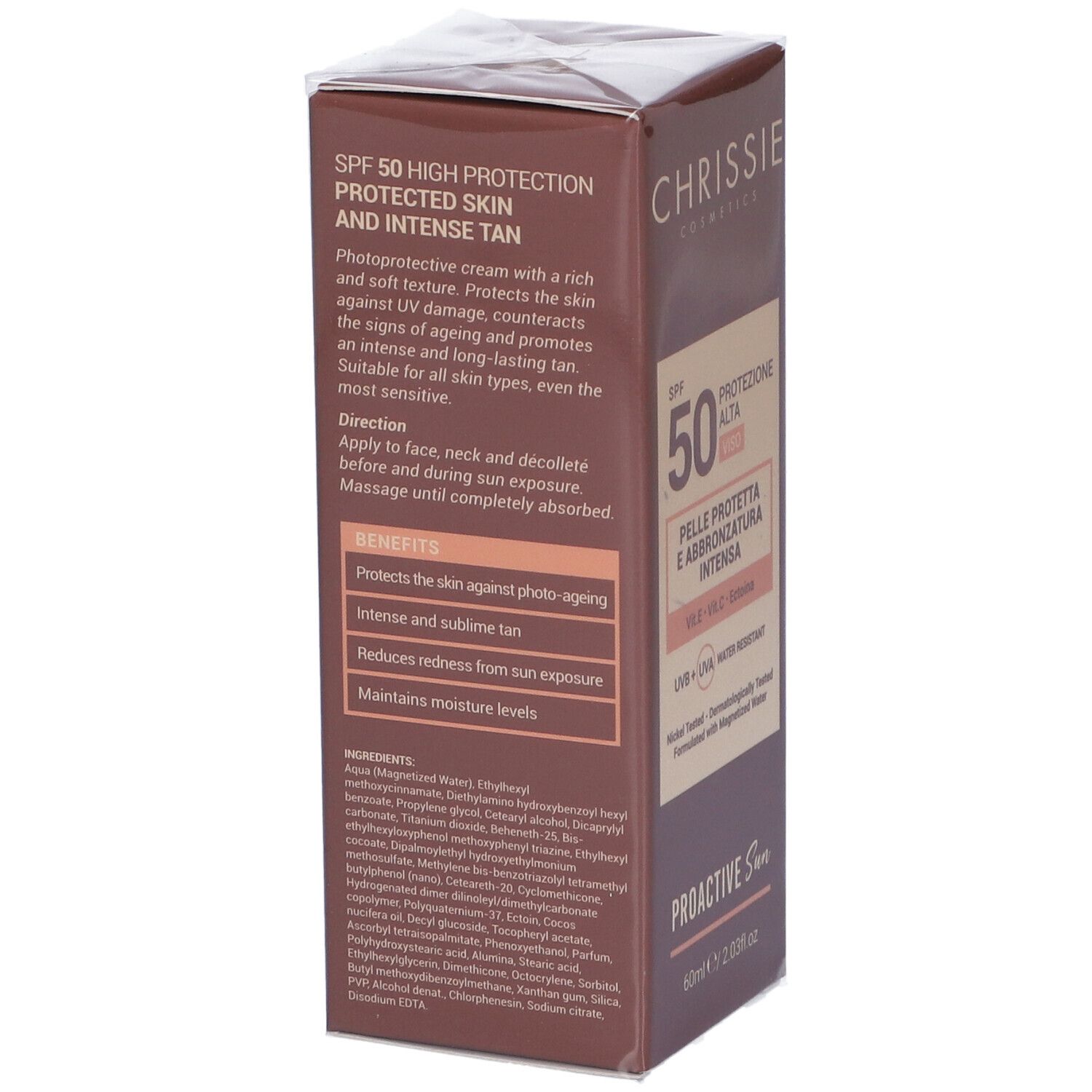 Retro della confezione. Testo: SPF 50 High Protection. Protegge dall'invecchiamento. Ingredienti. Istruzioni per l'uso.