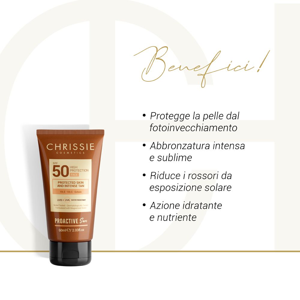 Tubo con testo. Testo: Benefici: Protegge dall'invecchiamento, abbronzatura intensa, riduce rossori, idratante.