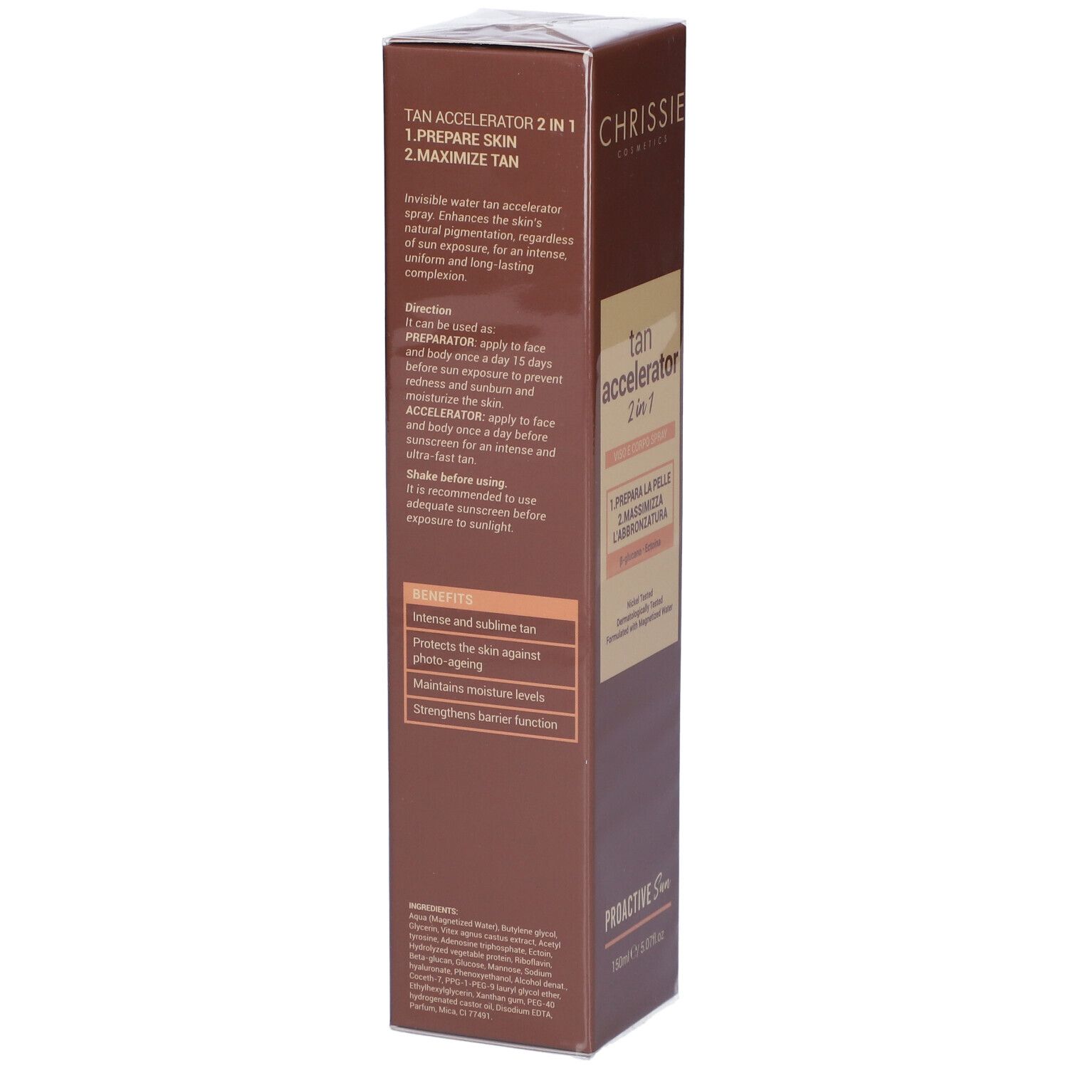 Retro della confezione dell'acceleratore di abbronzatura Chrissie Cosmetics. Informazioni sul prodotto e ingredienti.