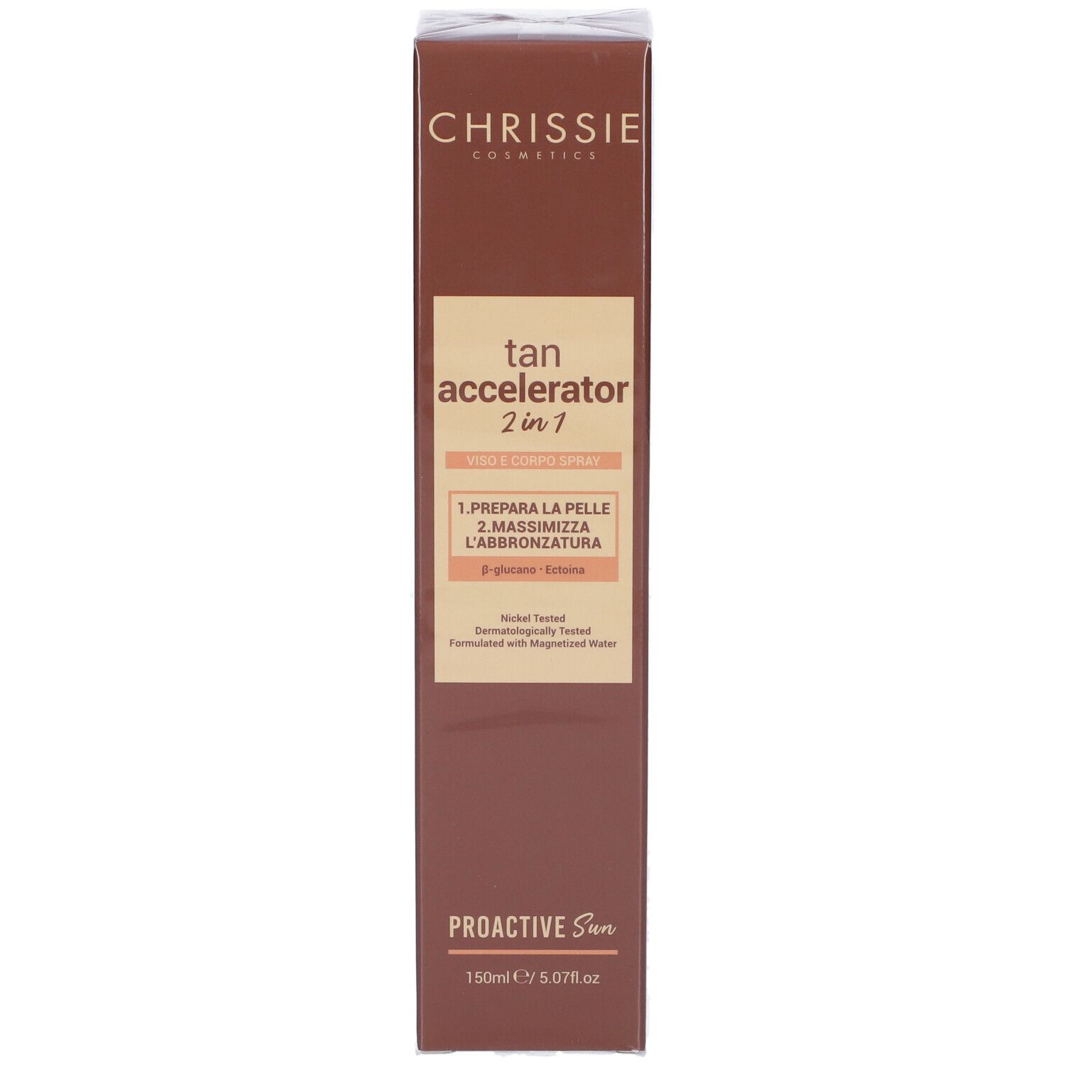 Confezione dell'acceleratore di abbronzatura Chrissie Cosmetics. Informazioni e istruzioni sul prodotto.
