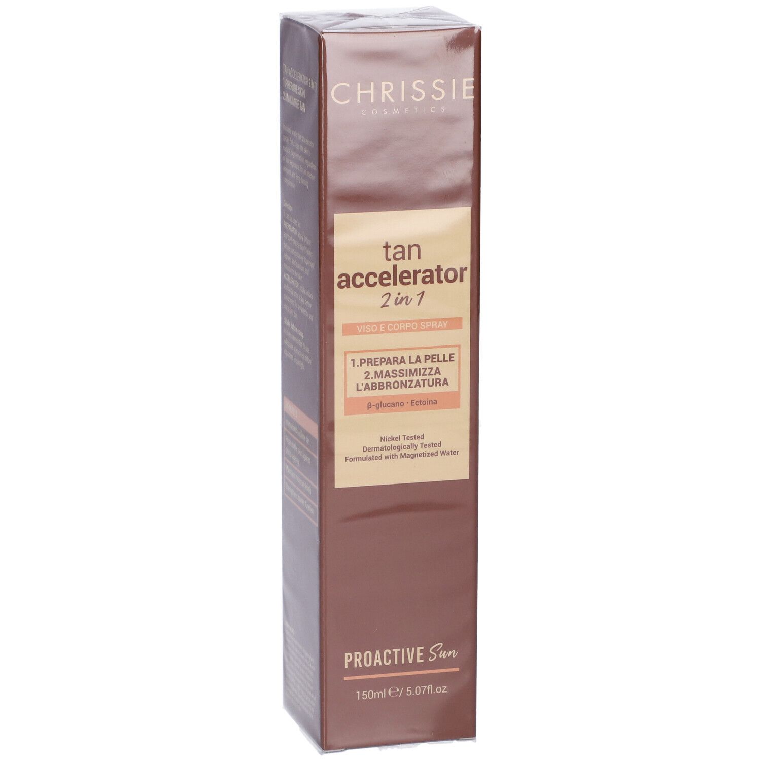 Confezione dell'acceleratore di abbronzatura Chrissie Cosmetics. Informazioni e istruzioni sul prodotto.