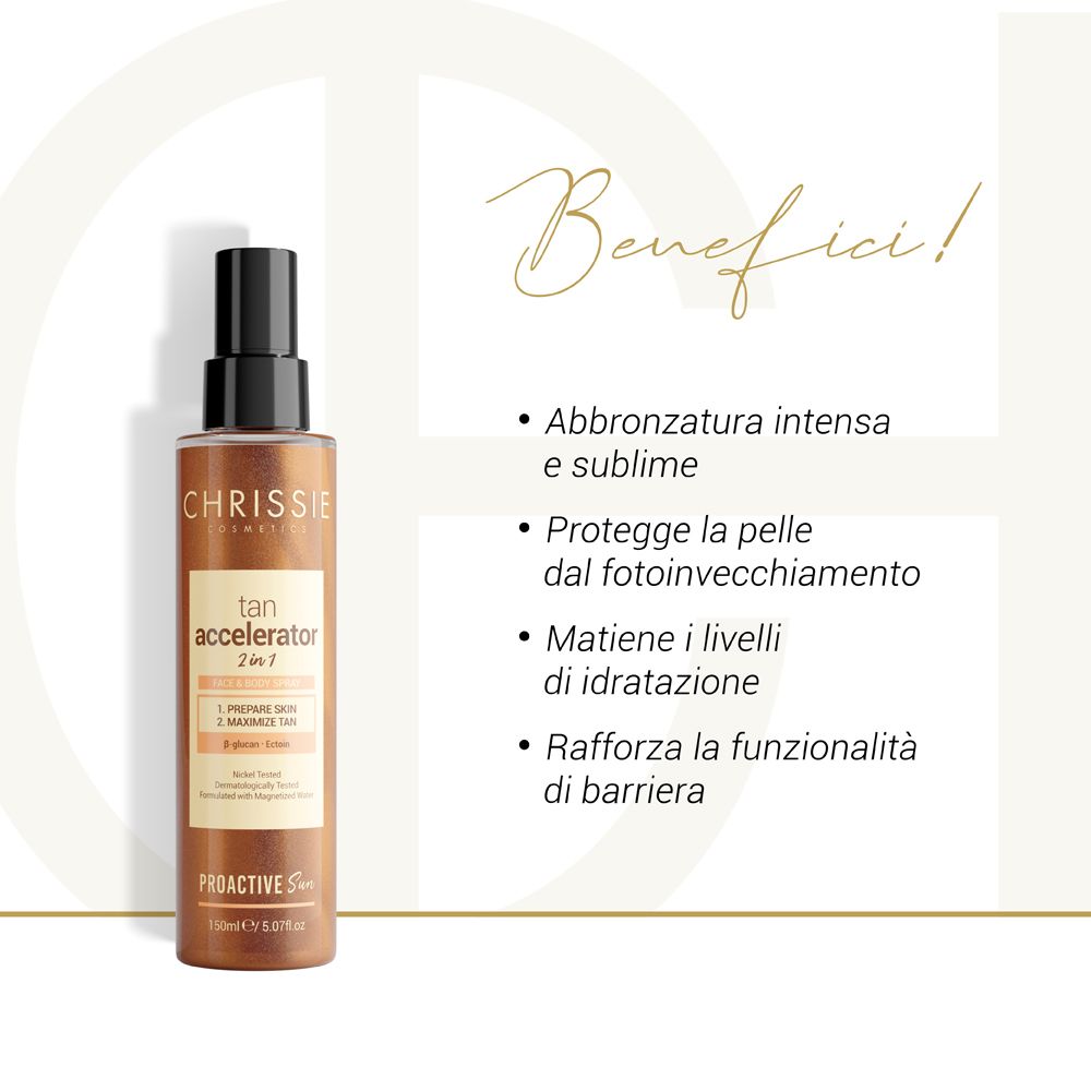 Acceleratore di abbronzatura Chrissie Cosmetics. Vantaggi: abbronzatura intensa, protezione anti-età, idratazione, funzione barriera.