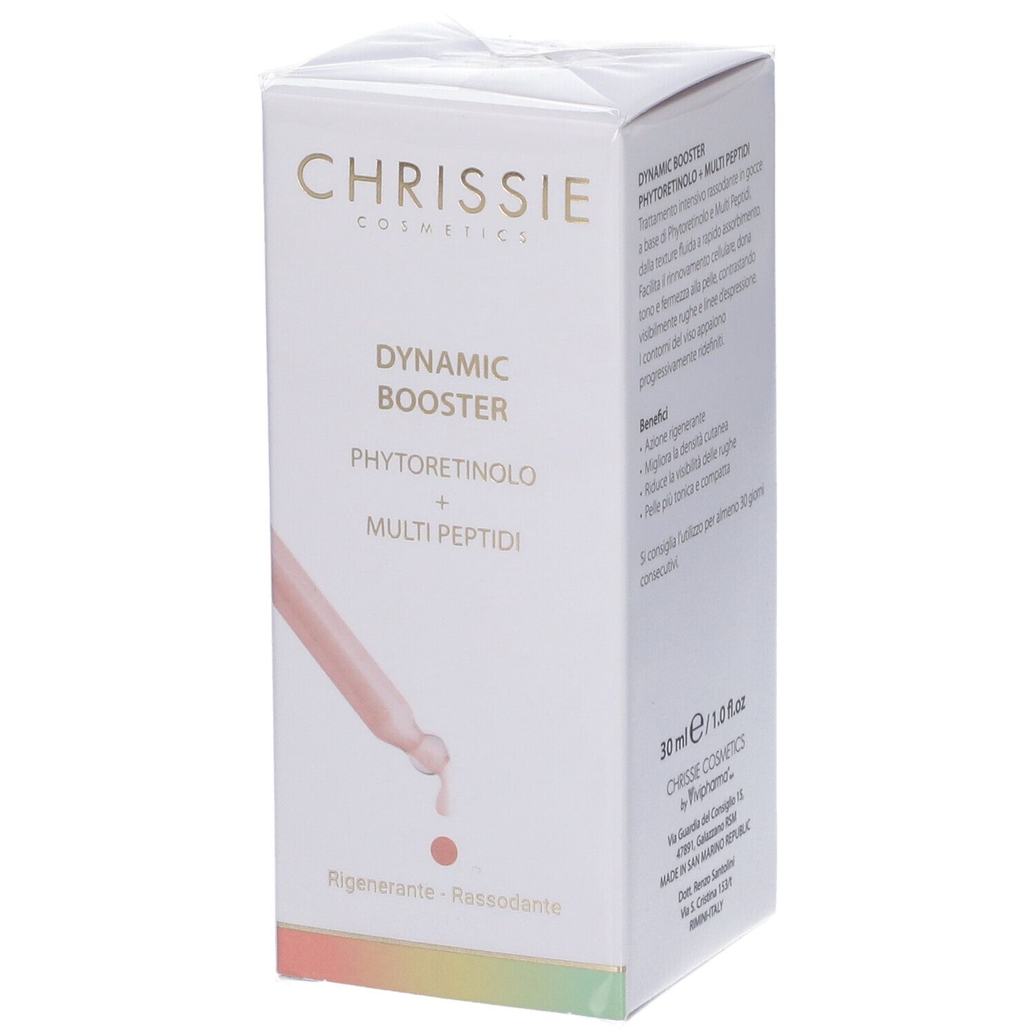 Confezione con flacone e pipetta. Testo: Dynamic Booster, Phytoretinolo + Multi Peptidi. 30 ml. Chrissie Cosmetics.