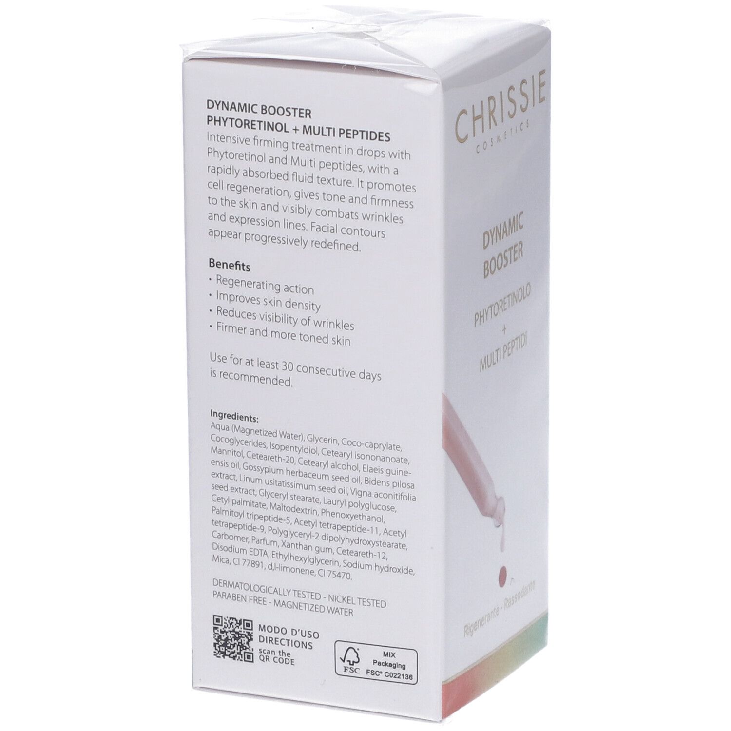Confezione con flacone e pipetta. Testo: Dynamic Booster, Phytoretinolo + Multi Peptidi. Ingredienti, istruzioni per l'uso.