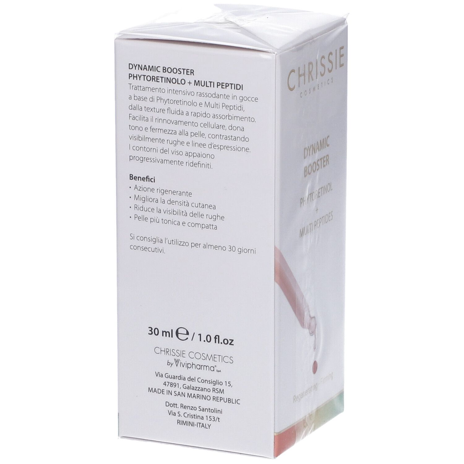 Confezione con flacone e pipetta. Testo: Dynamic Booster, Phytoretinolo + Multi Peptidi. 30 ml. Chrissie Cosmetics.