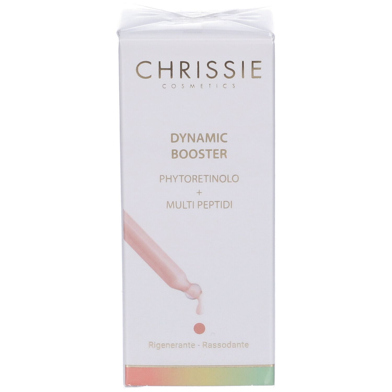 Confezione con flacone e pipetta. Testo: Dynamic Booster, Phytoretinolo + Multi Peptidi. Rigenerante - Rassodante.