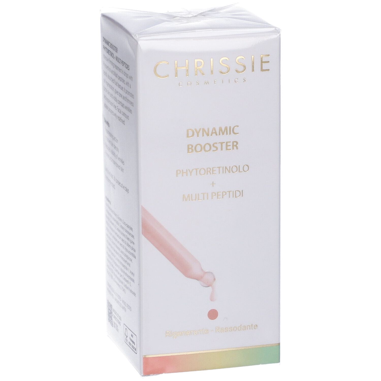 Confezione con flacone e pipetta. Testo: Dynamic Booster, Phytoretinolo + Multi Peptidi. Rigenerante - Rassodante.
