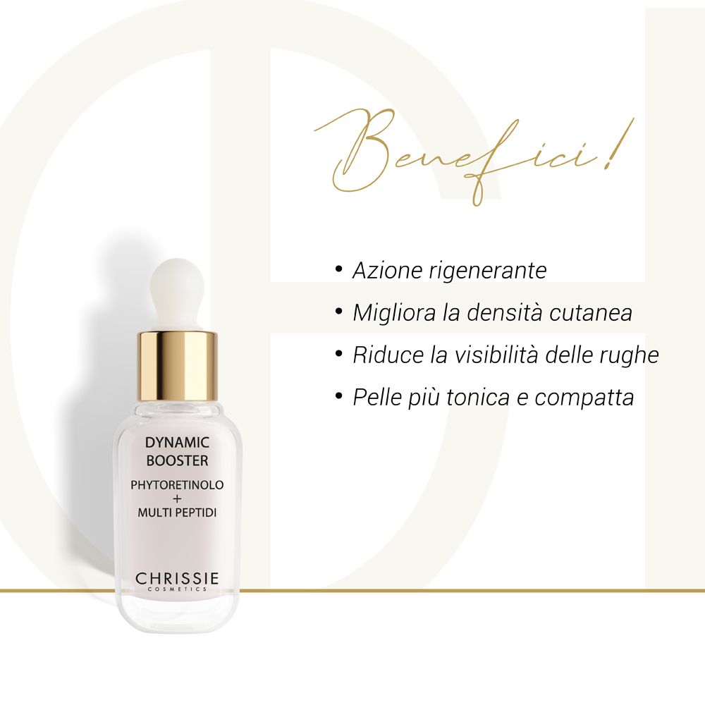 Flacone con testo. Testo: Dynamic Booster, Phytoretinolo + Multi Peptidi. Benefici: rigenerante, migliora densità, riduce rughe.
