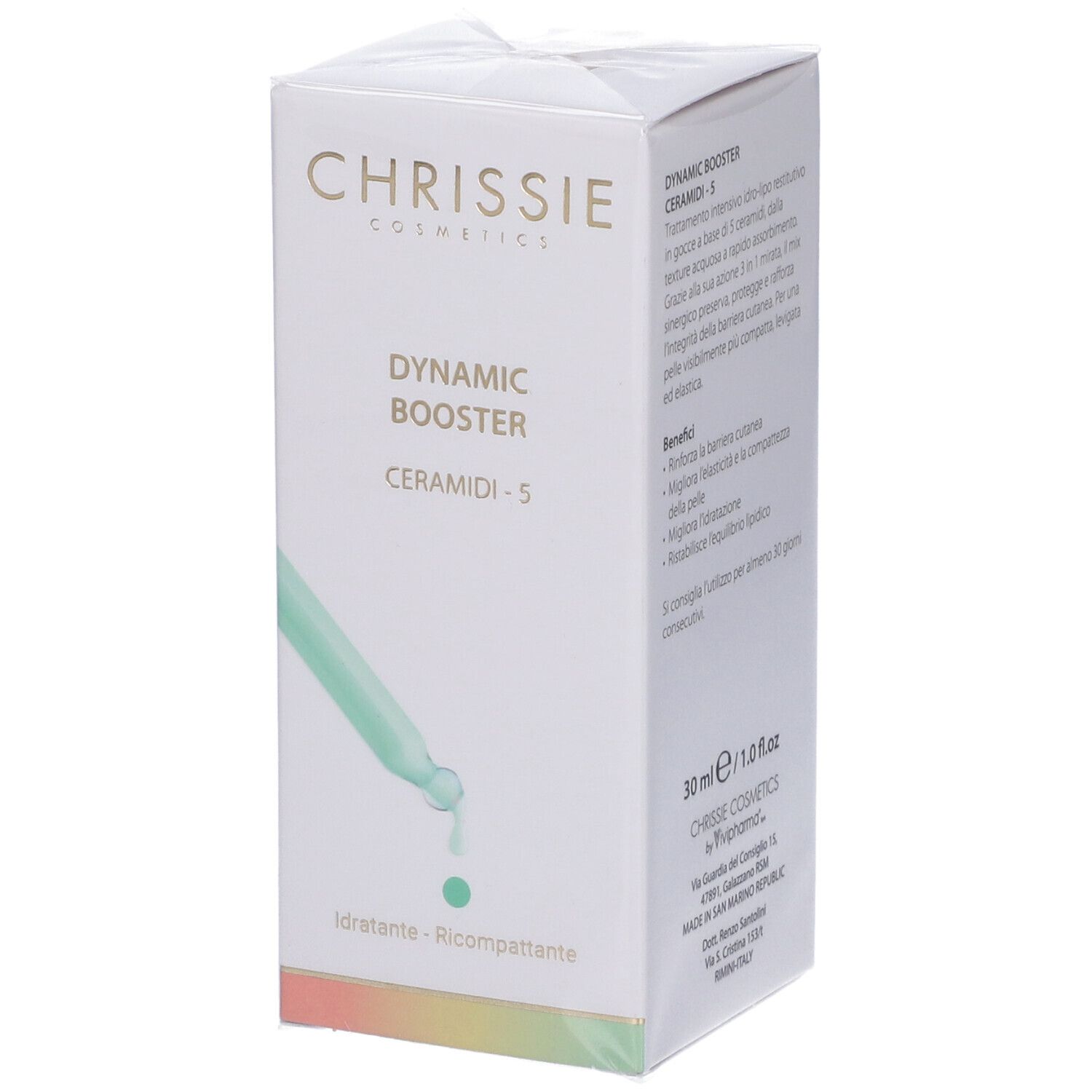 Scatola bianca con immagine del flacone del prodotto. Scritta: Dynamic Booster Ceramidi - 5. Marchio: Chrissie Cosmetics. Testo.