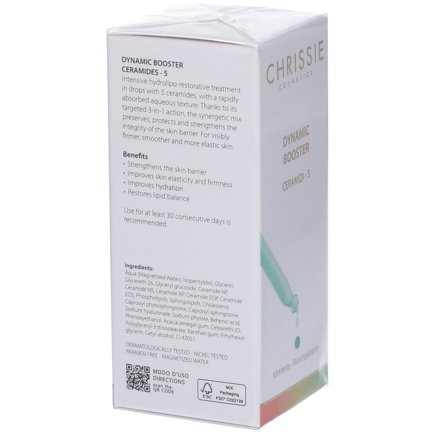 Scatola bianca con informazioni sul prodotto. Scritta: Dynamic Booster Ceramidi - 5. Ingredienti e vantaggi elencati.