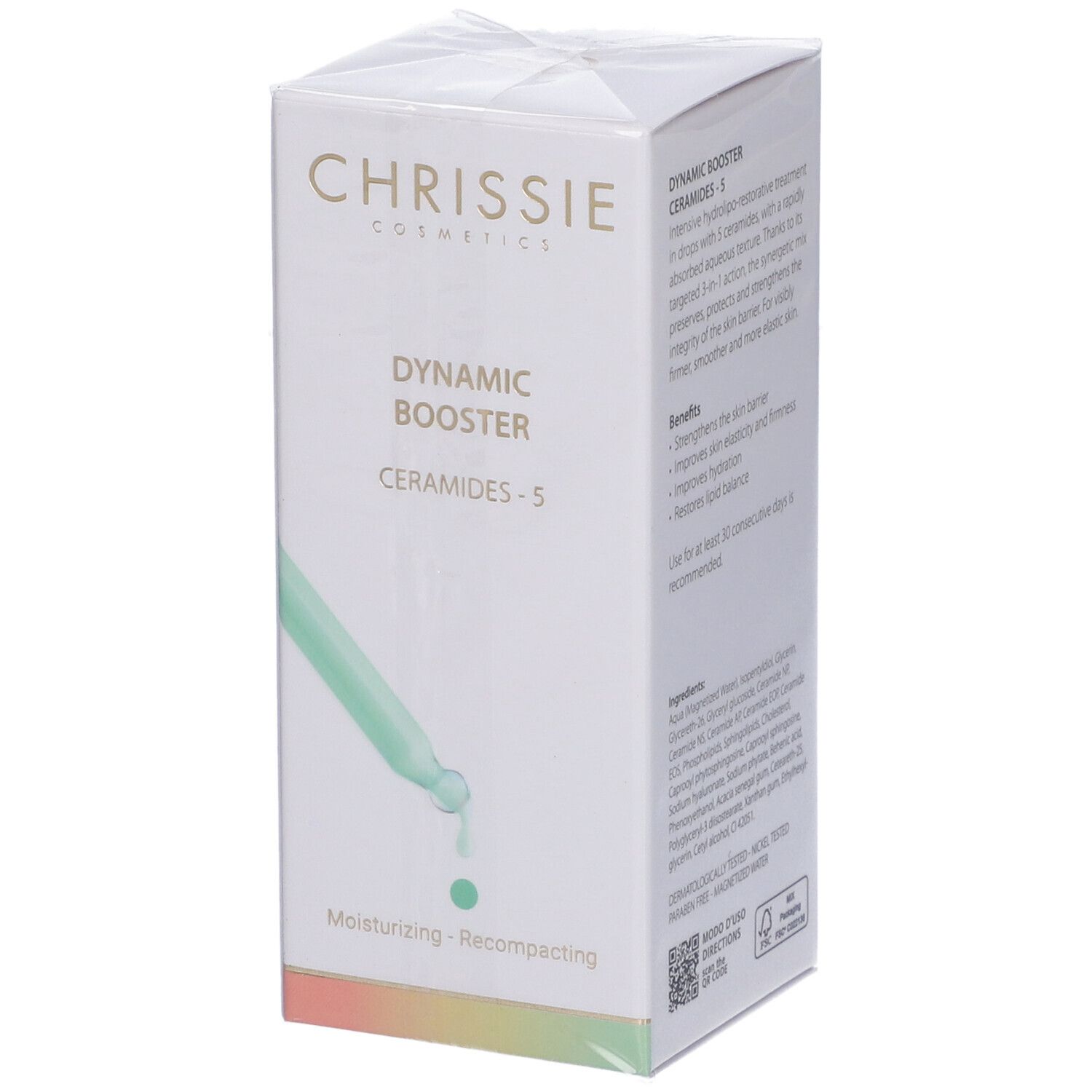 Scatola bianca con informazioni sul prodotto. Scritta: Dynamic Booster Ceramidi - 5. Ingredienti e vantaggi elencati.