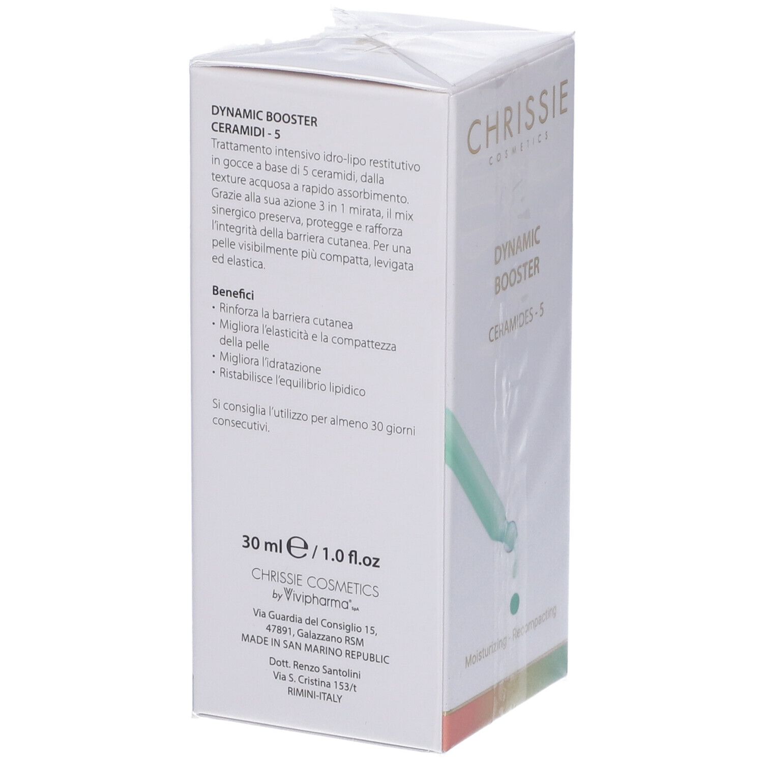 Scatola bianca con informazioni sul prodotto. Scritta: Dynamic Booster Ceramidi - 5. 30 ml. Marchio: Chrissie Cosmetics.