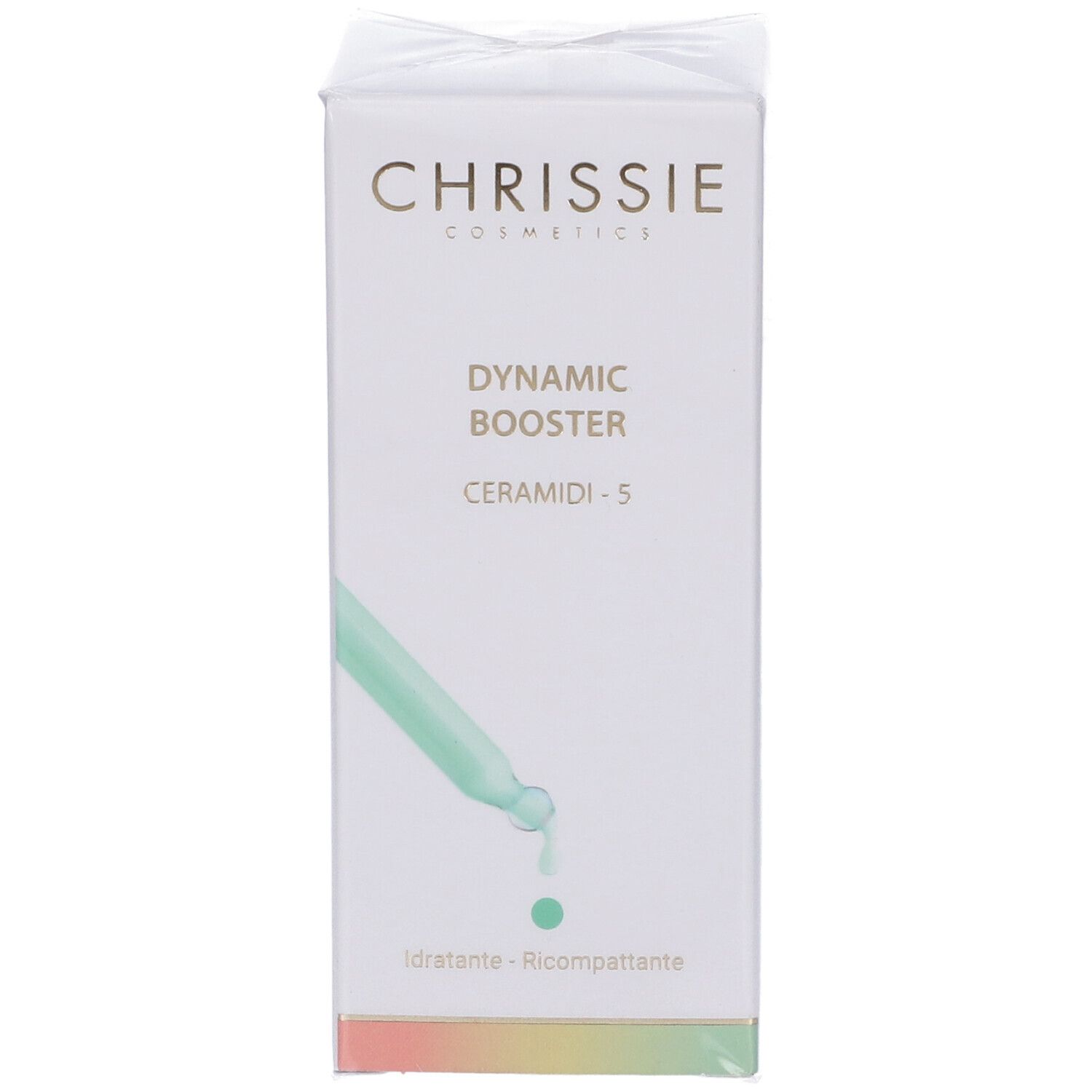 Scatola bianca con informazioni sul prodotto. Scritta: Dynamic Booster Ceramidi - 5. 30 ml. Marchio: Chrissie Cosmetics.