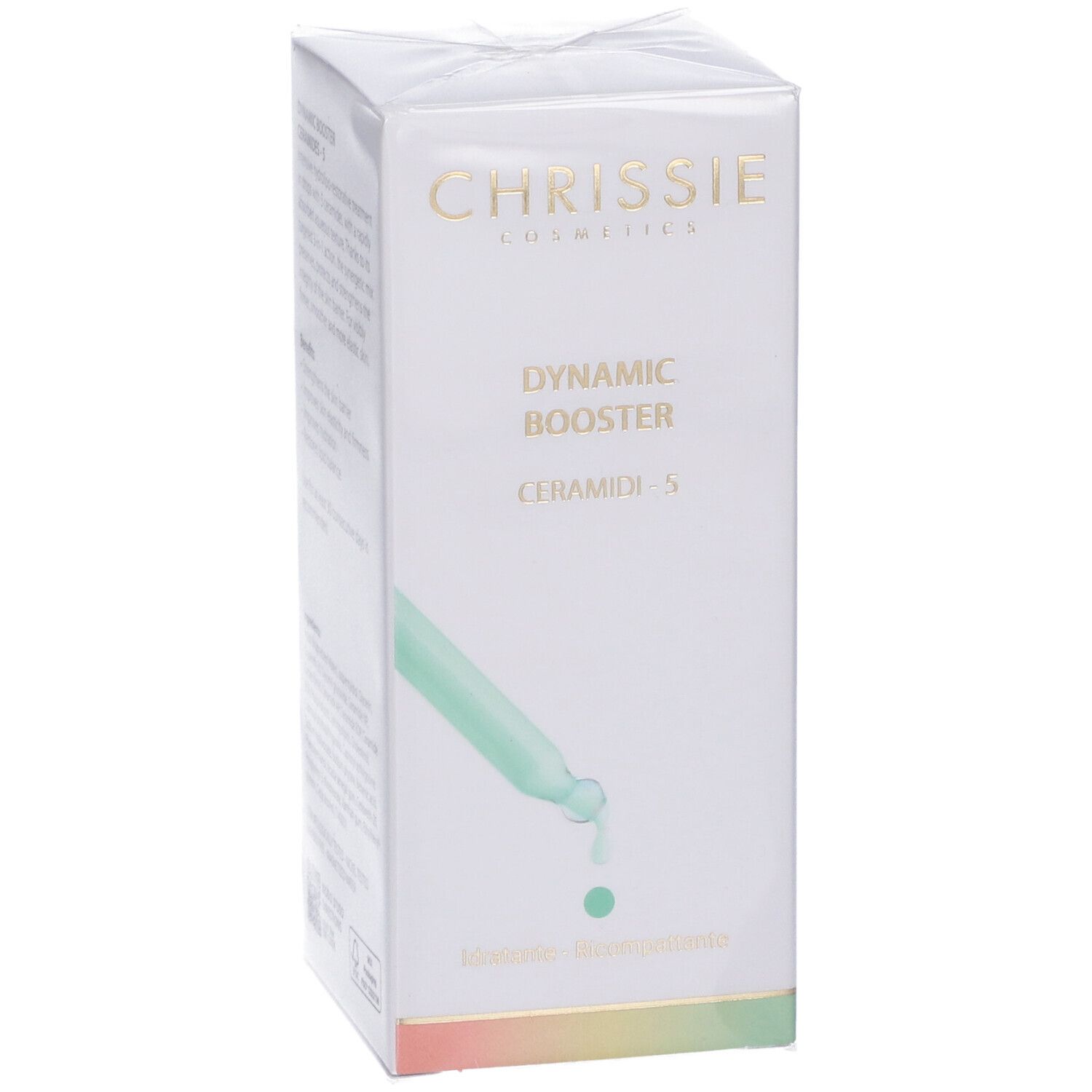 Scatola bianca con informazioni sul prodotto. Scritta: Dynamic Booster Ceramidi - 5. Marchio: Chrissie Cosmetics. Idratante.