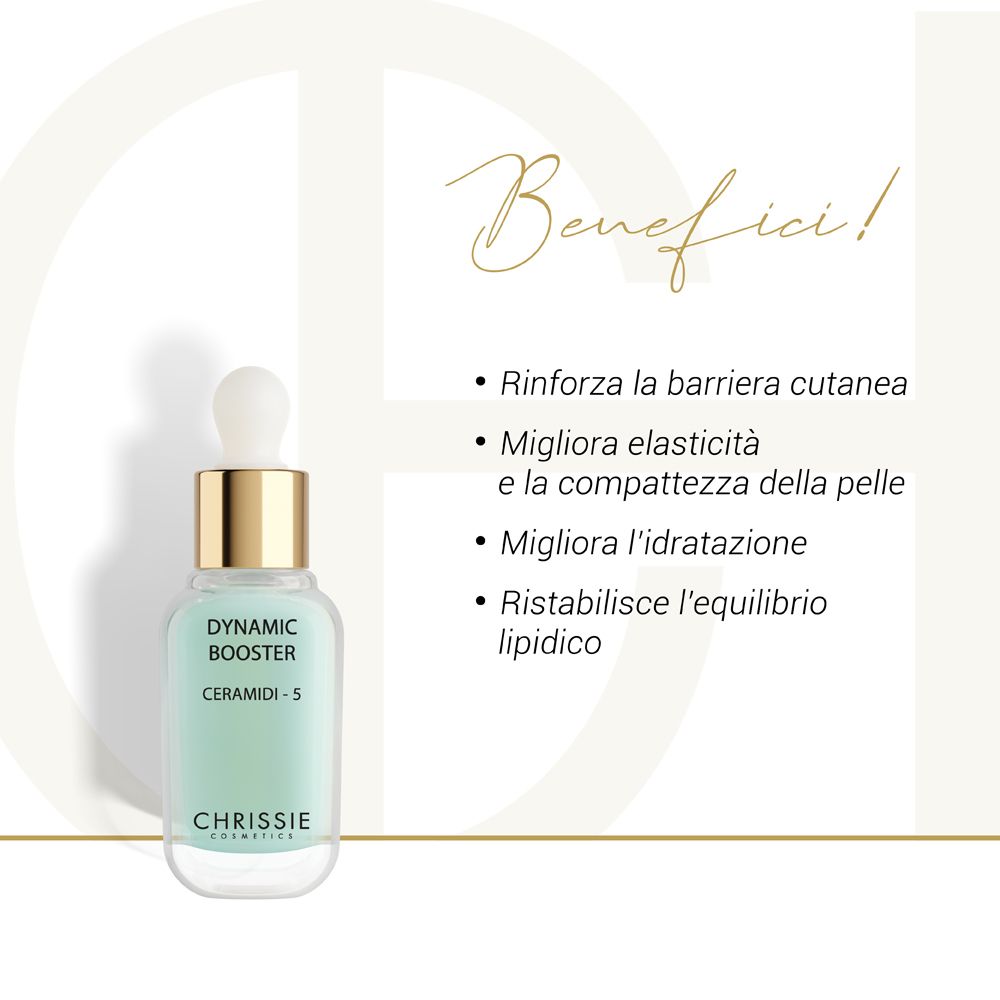 Flacone del prodotto con testo su sfondo bianco. Testo: Dynamic Booster Ceramidi - 5. Vantaggi elencati.