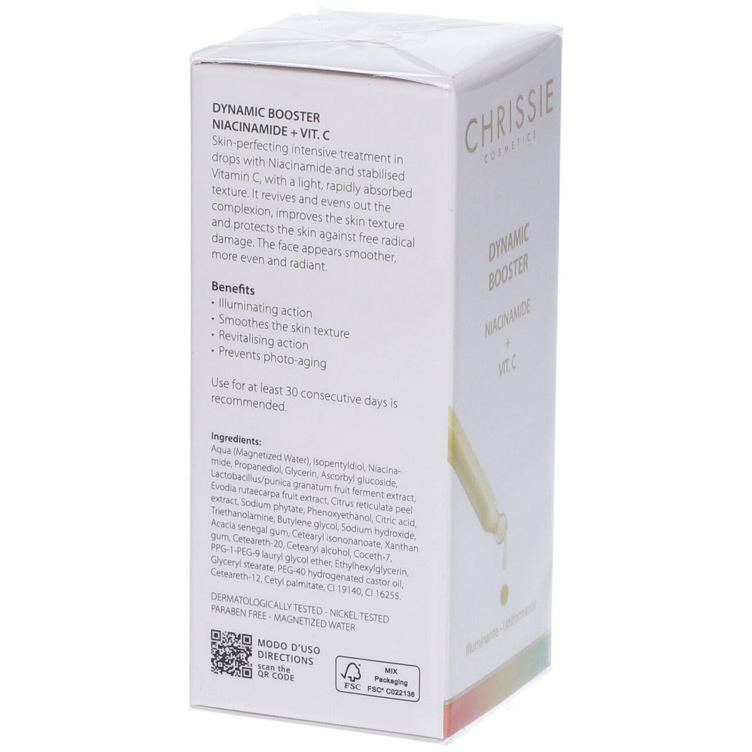 Confezione del prodotto, retro. Testo: Dynamic Booster Niacinamide + Vit. C. Ingredienti, uso, benefici.