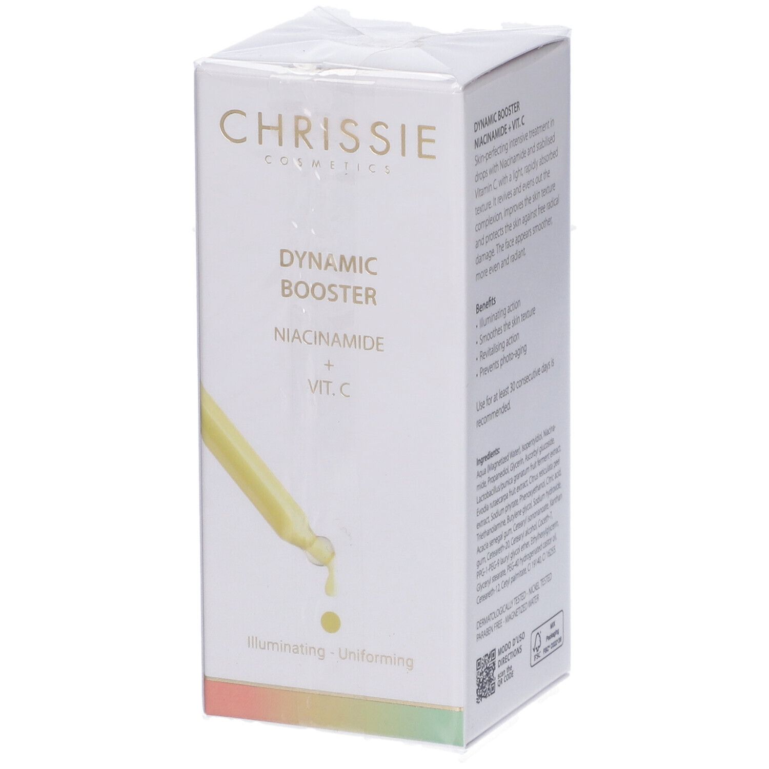 Confezione del prodotto. Scritta: Dynamic Booster Niacinamide + Vit. C. Chrissie Cosmetics. Con gocce.