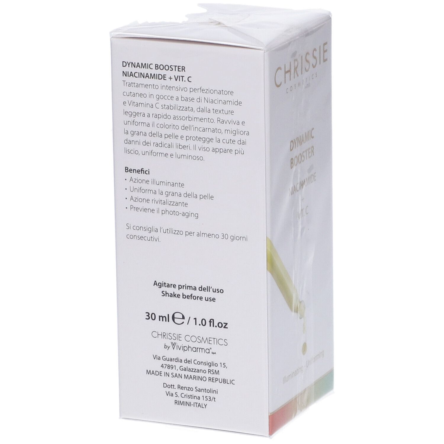 Confezione del prodotto, retro. Testo: Dynamic Booster Niacinamide + Vit. C. Ingredienti, uso, benefici.