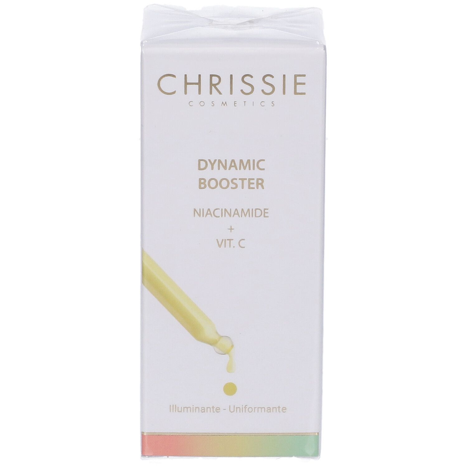 Confezione del prodotto. Scritta: Dynamic Booster Niacinamide + Vit. C. Chrissie Cosmetics. Con gocce.