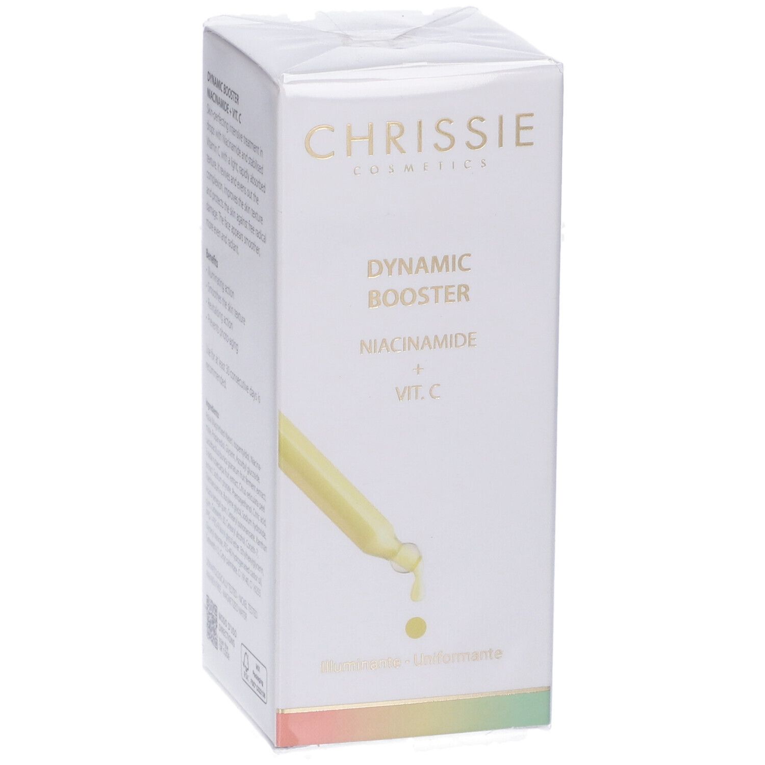 Confezione del prodotto. Scritta: Dynamic Booster Niacinamide + Vit. C. Chrissie Cosmetics. Con gocce.