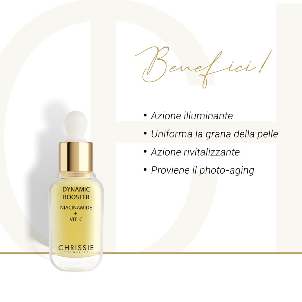 Flacone di prodotto con testo e benefici. Testo: Azione illuminante, Azione rivitalizzante, etc.