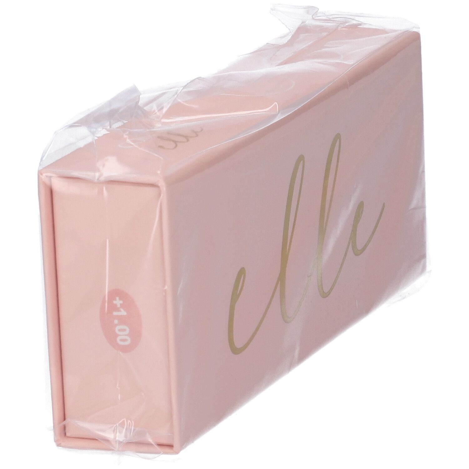 Confezione rosa con scritta dorata "elle" e "+1.00". Confezionata in pellicola trasparente.