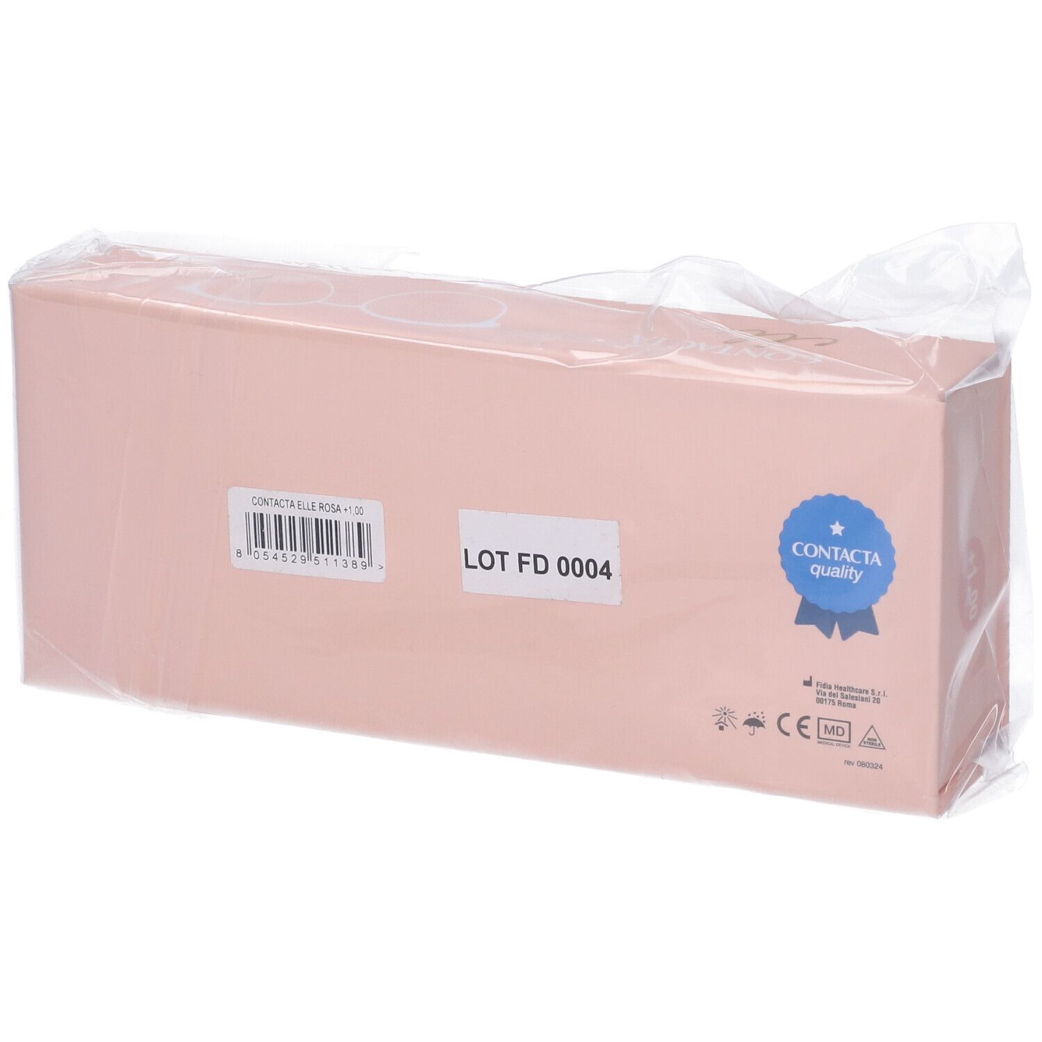 Confezione rosa con etichette. Sigillo "Contacta quality" e informazioni sul prodotto.