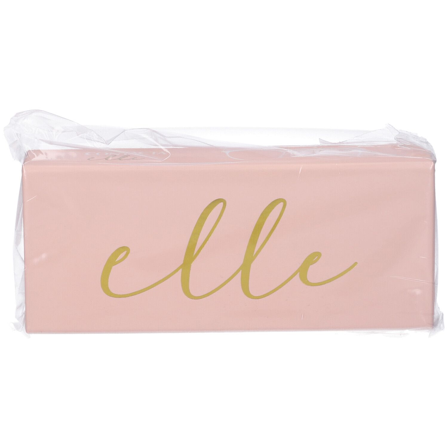 Confezione rettangolare rosa con scritta dorata "elle". Confezionata in pellicola trasparente.