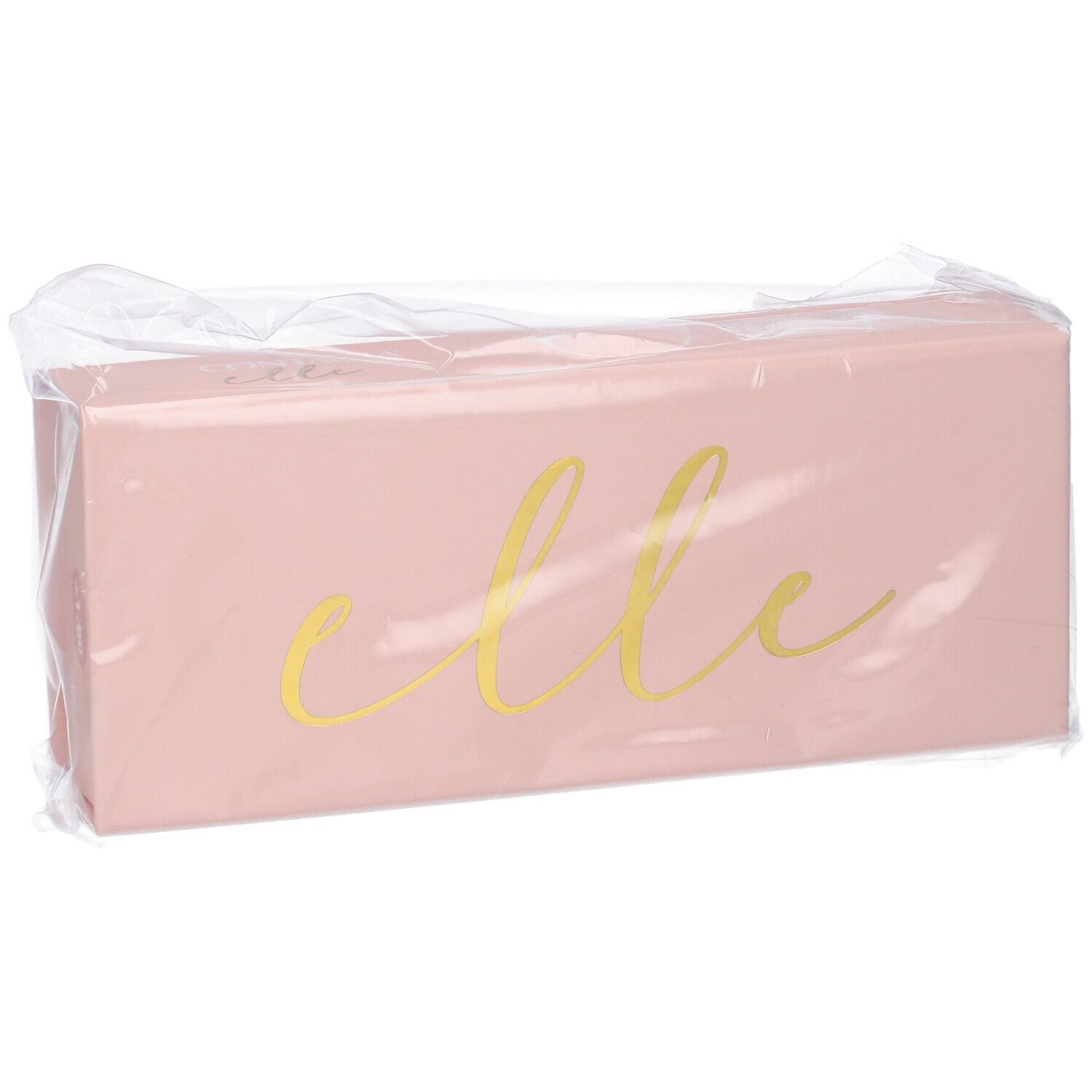 Confezione rettangolare rosa con scritta dorata "elle". Confezionata in pellicola trasparente.