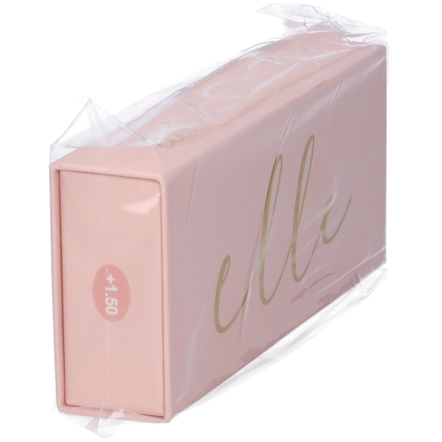 Scatola rosa con scritta dorata "elle" e +1,50, confezionata in plastica.