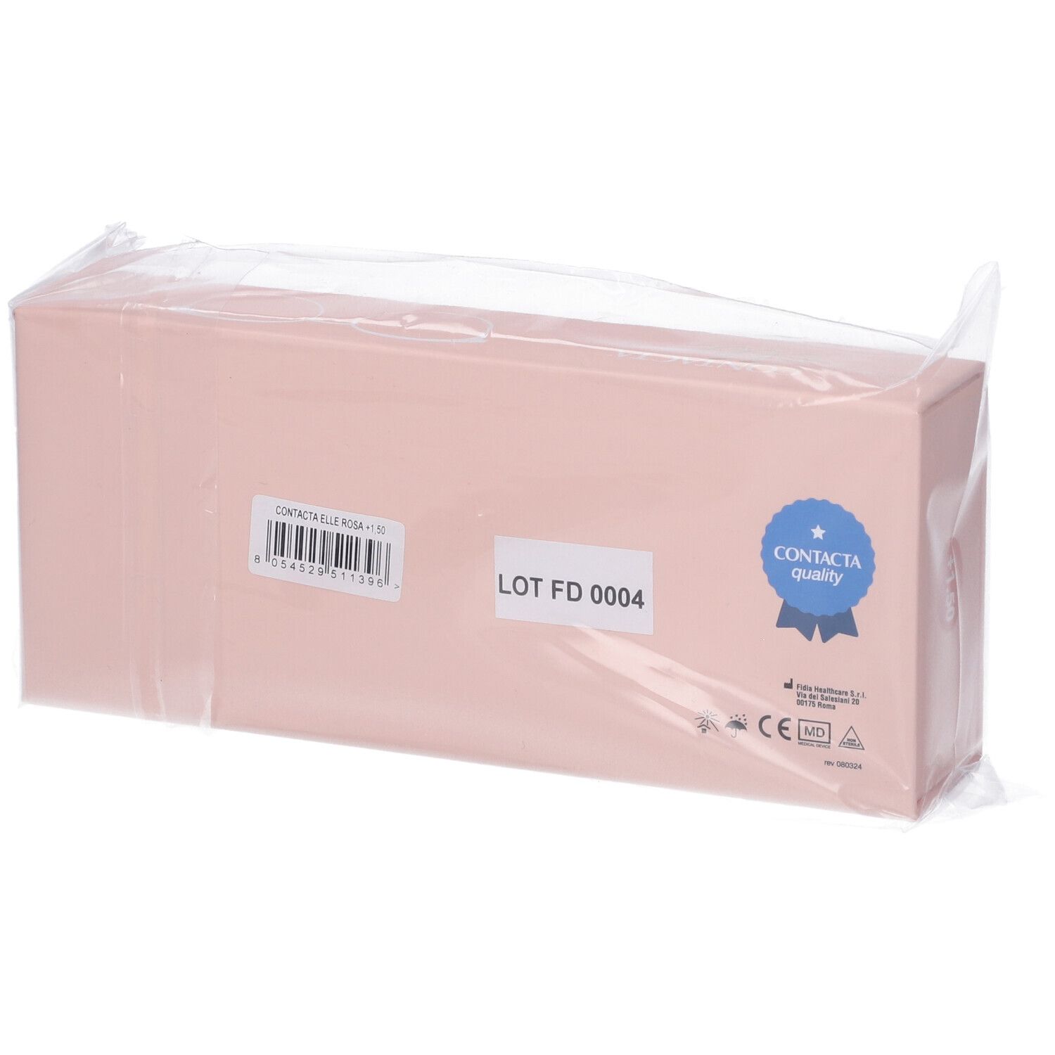 Scatola rosa con etichetta, testo e logo, confezionata. Sigillo "Contacta quality".