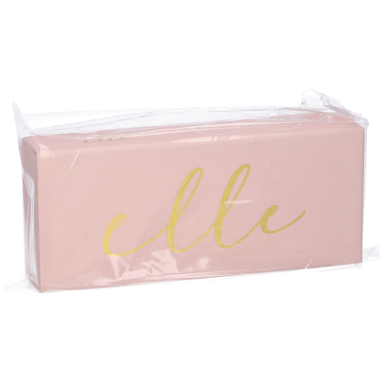 Scatola rettangolare rosa con scritta dorata "elle", confezionata in plastica.