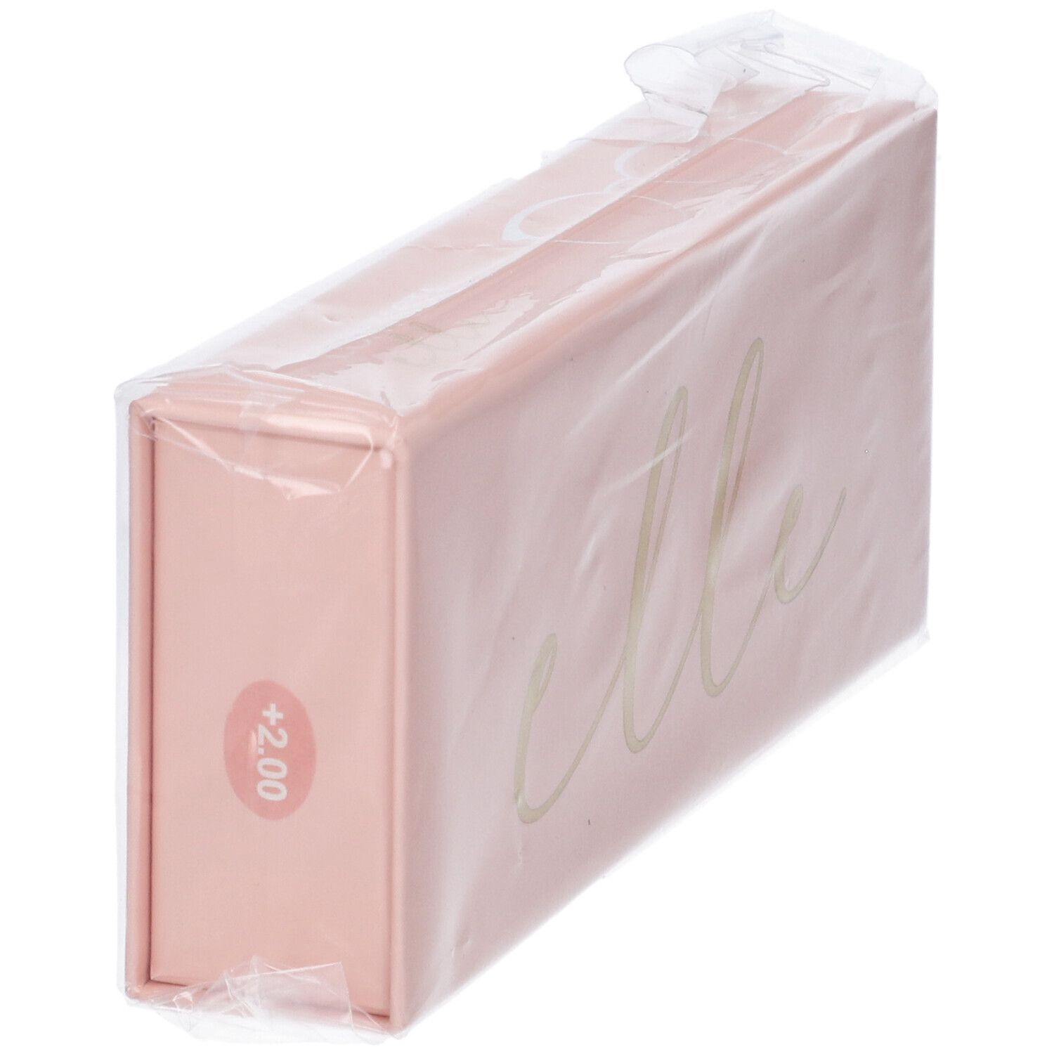 Astuccio rosa per occhiali con scritta dorata "elle" e stampa +2.00, confezionato in plastica.