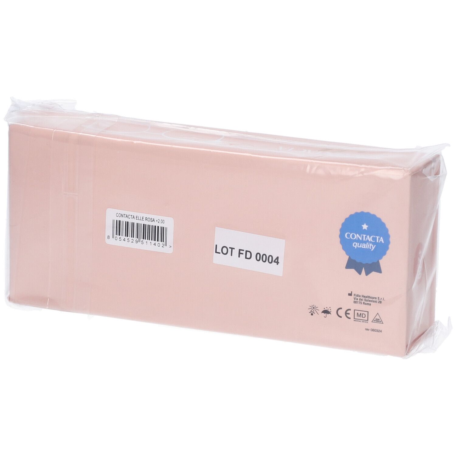 Astuccio rosa per occhiali con stampe, tra cui "CONTACTA ELLE ROSA +2.00" e "CONTACTA quality", confezionato in plastica.
