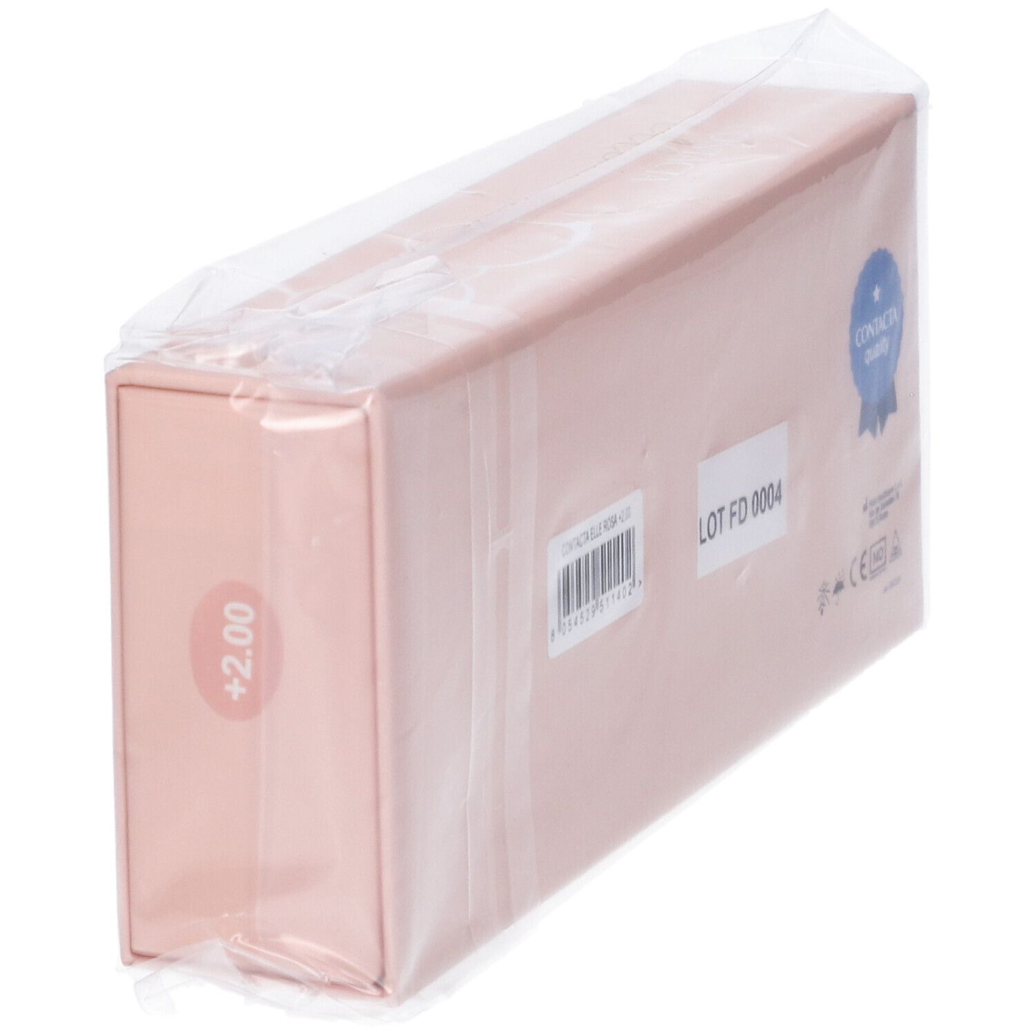 Astuccio rosa per occhiali con stampe, tra cui "CONTACTA quality" e +2.00, confezionato in plastica.