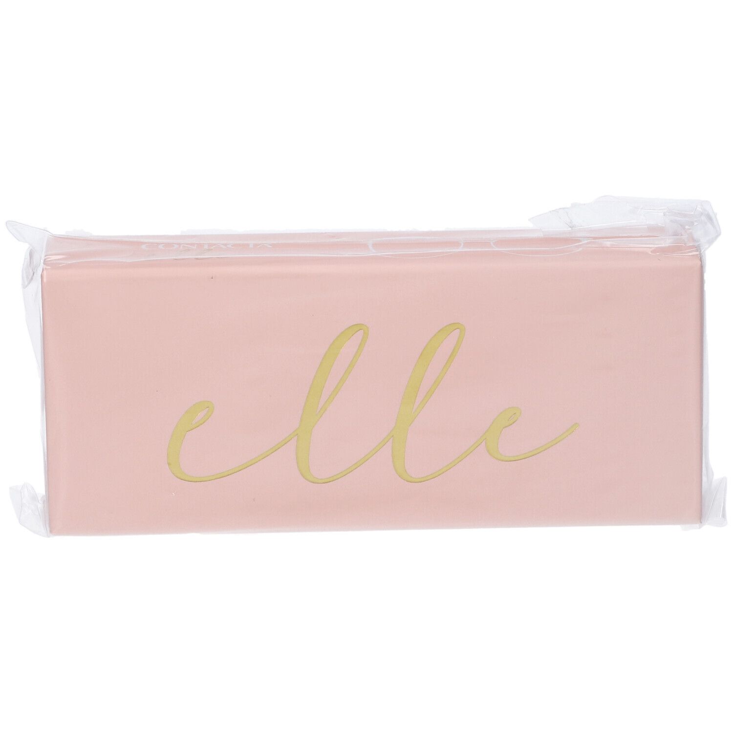 Astuccio rosa per occhiali con scritta dorata "elle", confezionato in plastica.